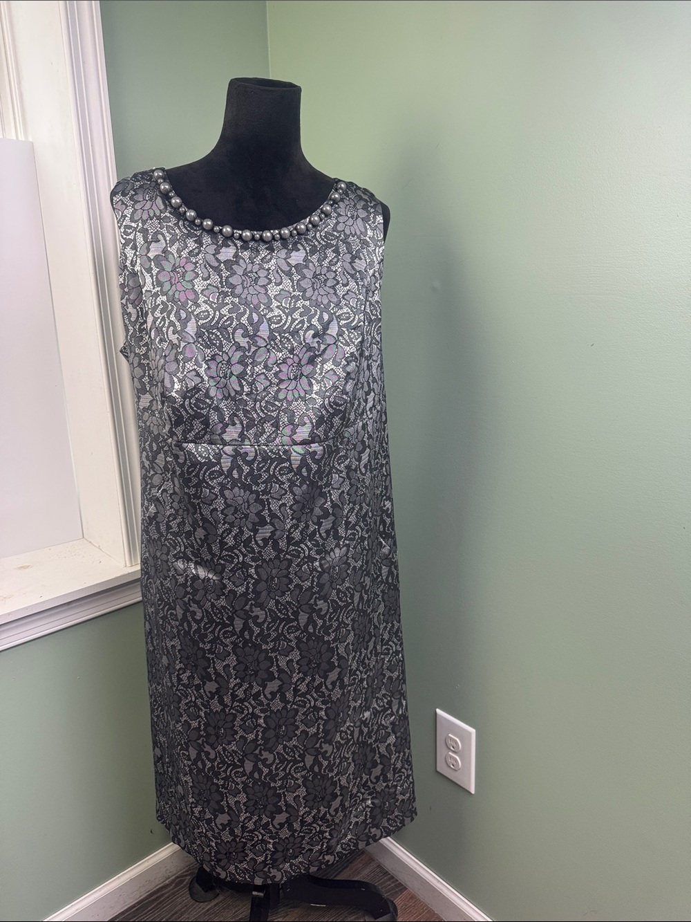 Lane Bryant Silver brocade Midi Dress with Beaded Neckline 20